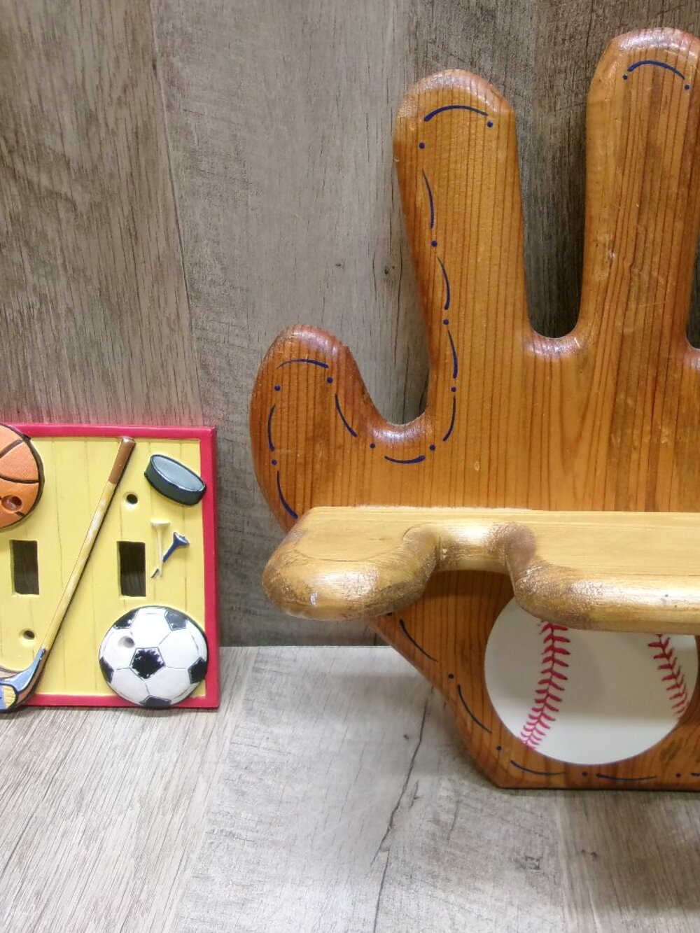 Combo Sports Room Decor Set – Baseball Bat, Ball & Glove Holder + Switch Plate